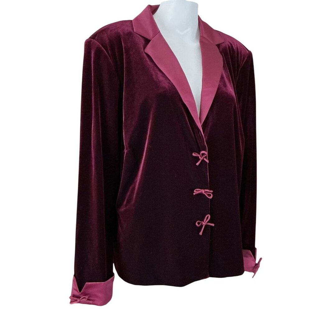 Coldwater Creek Velvet Blazer Size 18W Burgundy Satin Bow Detail Velour Jacket